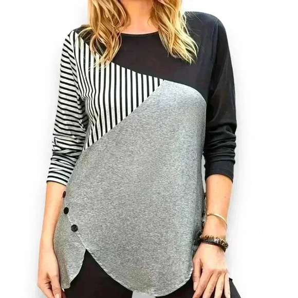 Colorblock Print Crew Neck T-Shirt Casual Long Sleeve Top For Spring/Fall Size L - Picture 1 of 13